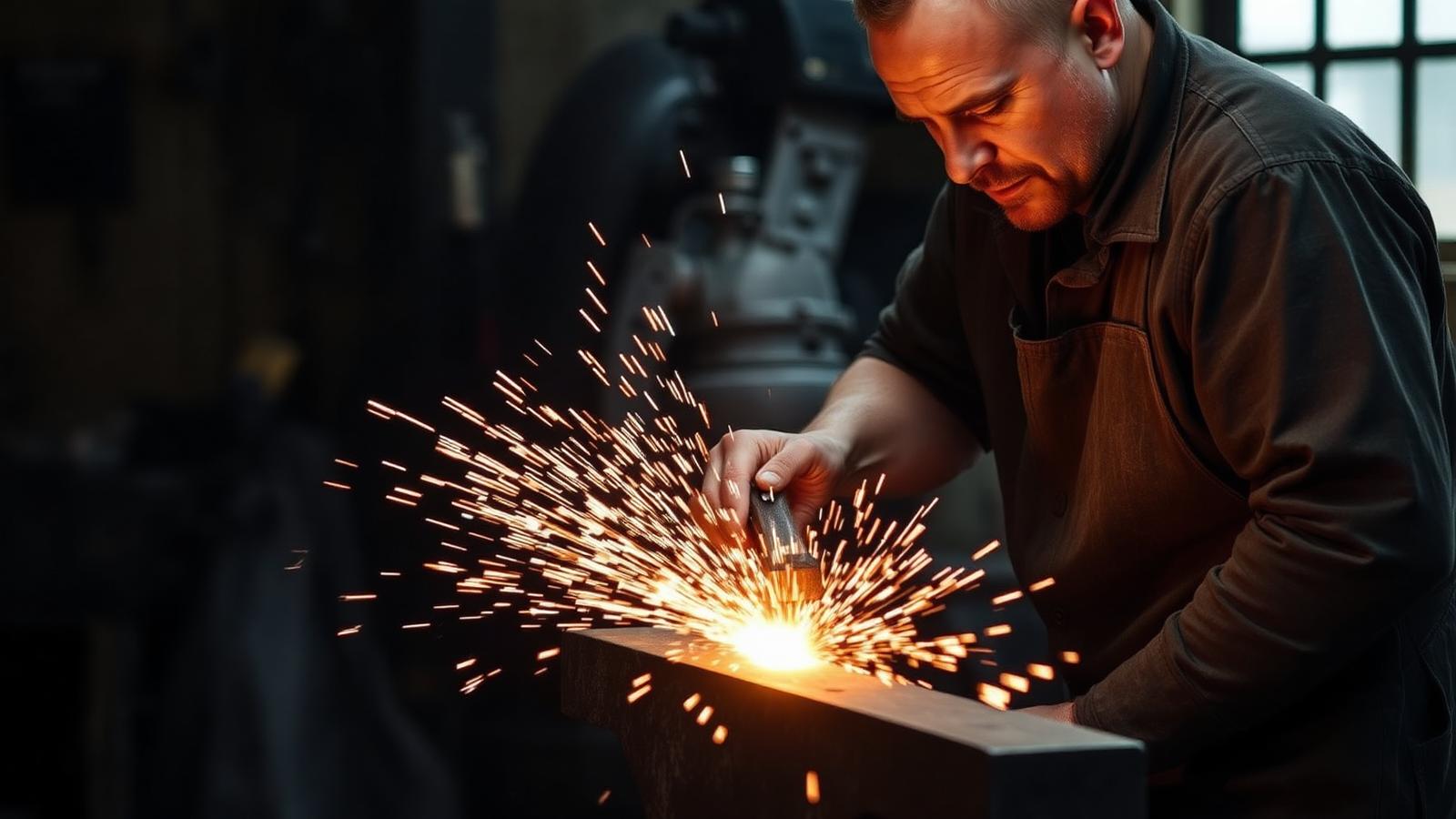 A blacksmith striking hot metal on an anvil, sparks flying
