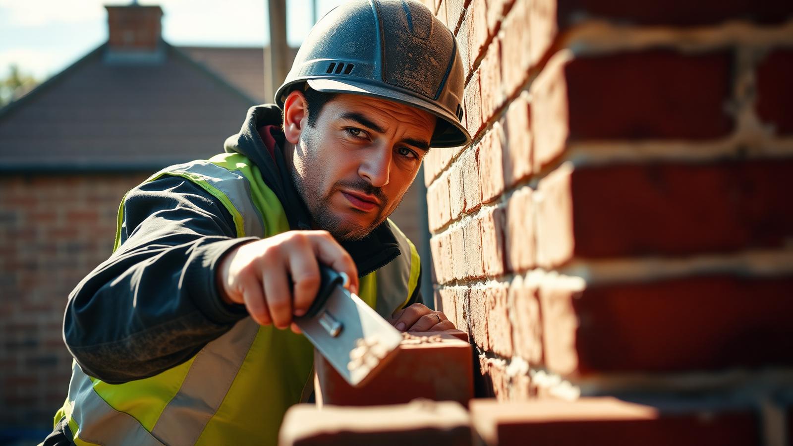 A bricklayer in a hard hat spreading mortar on a new brick wall