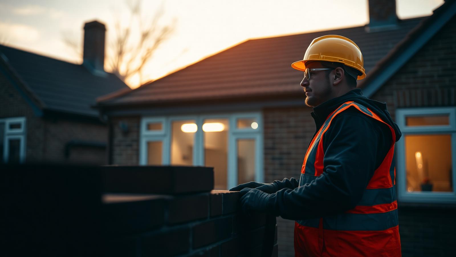 A builder in a hi-vis jacket working on a house extension at dusk