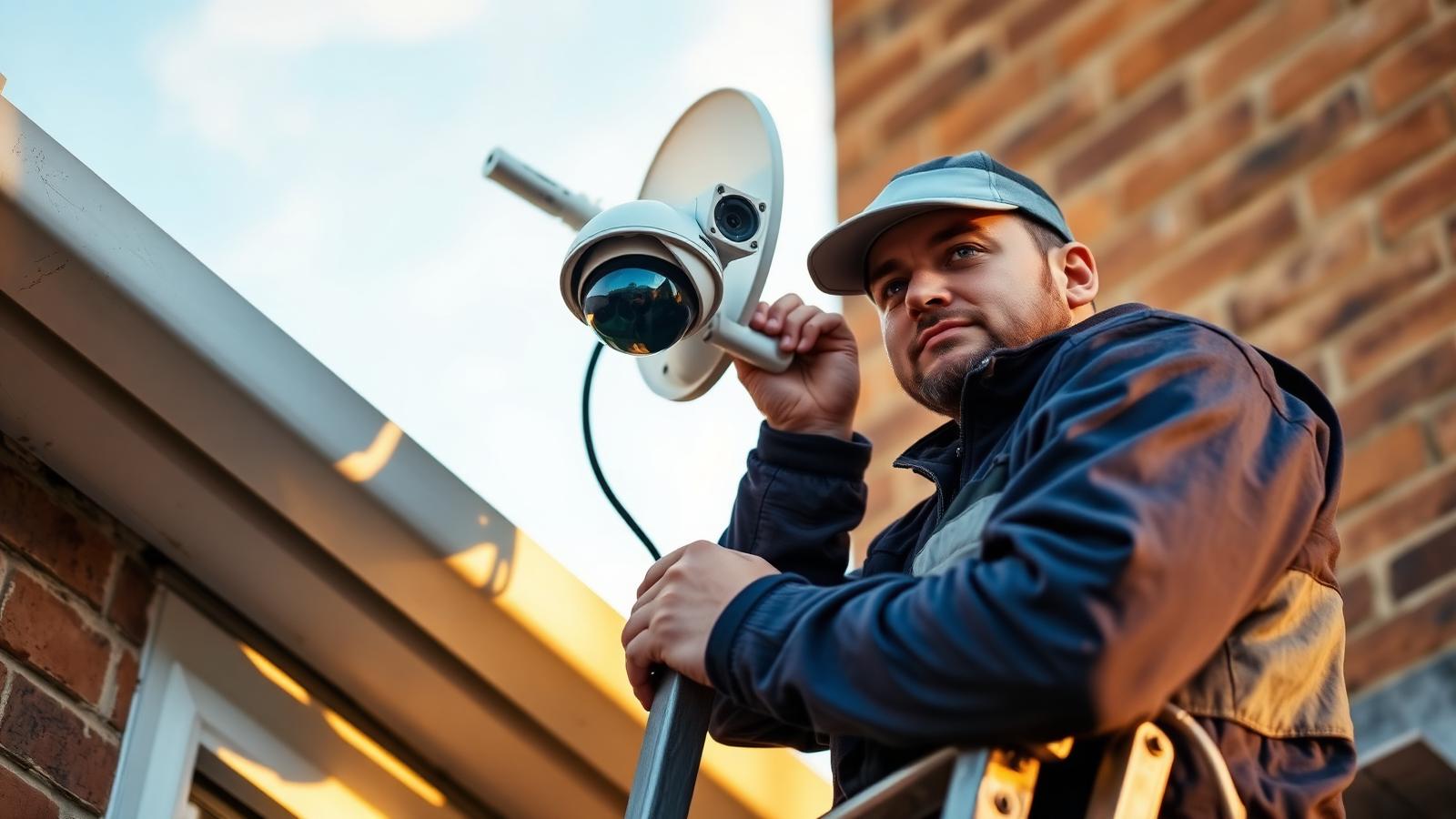 An engineer mounting a CCTV camera to the outside wall of a house