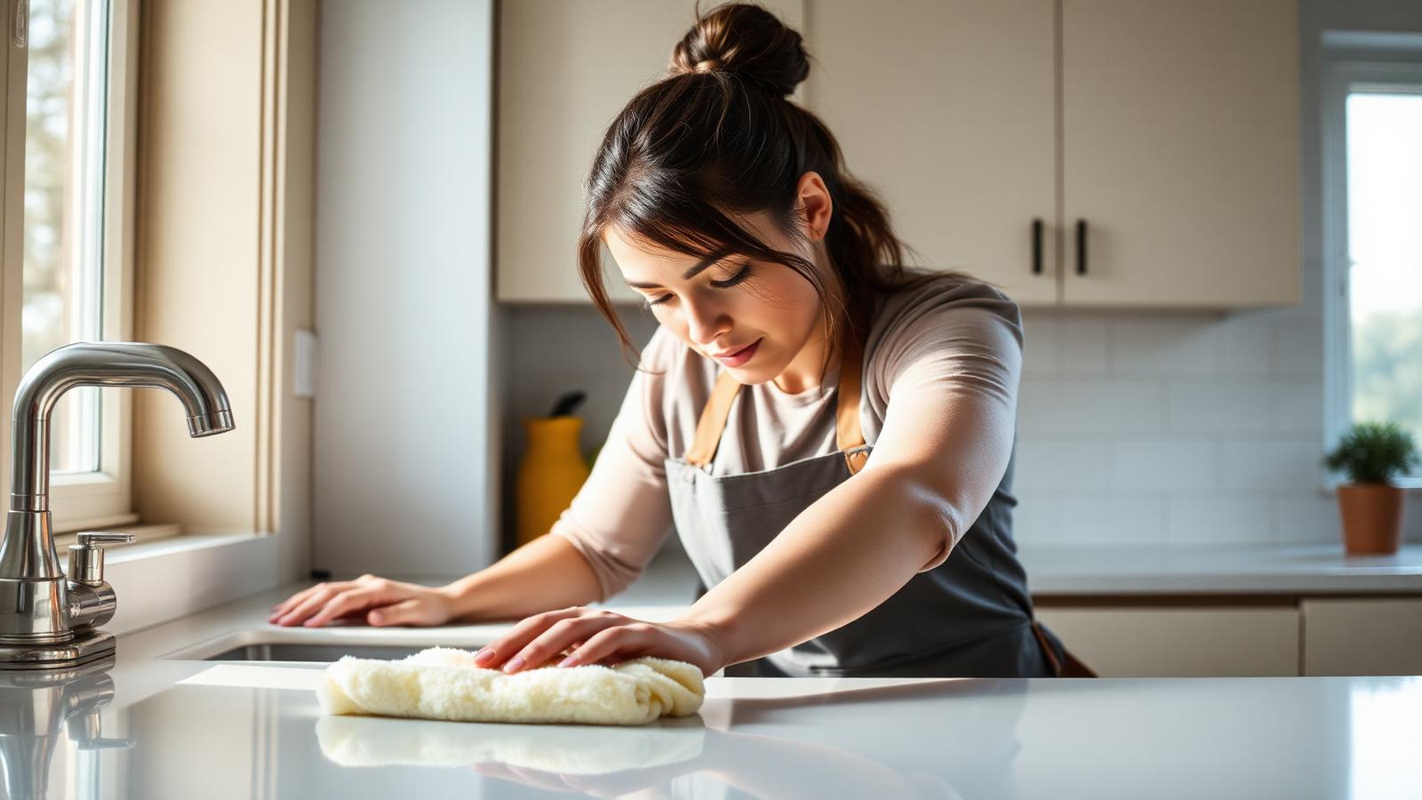 A professional cleaner wiping down a kitchen worktop