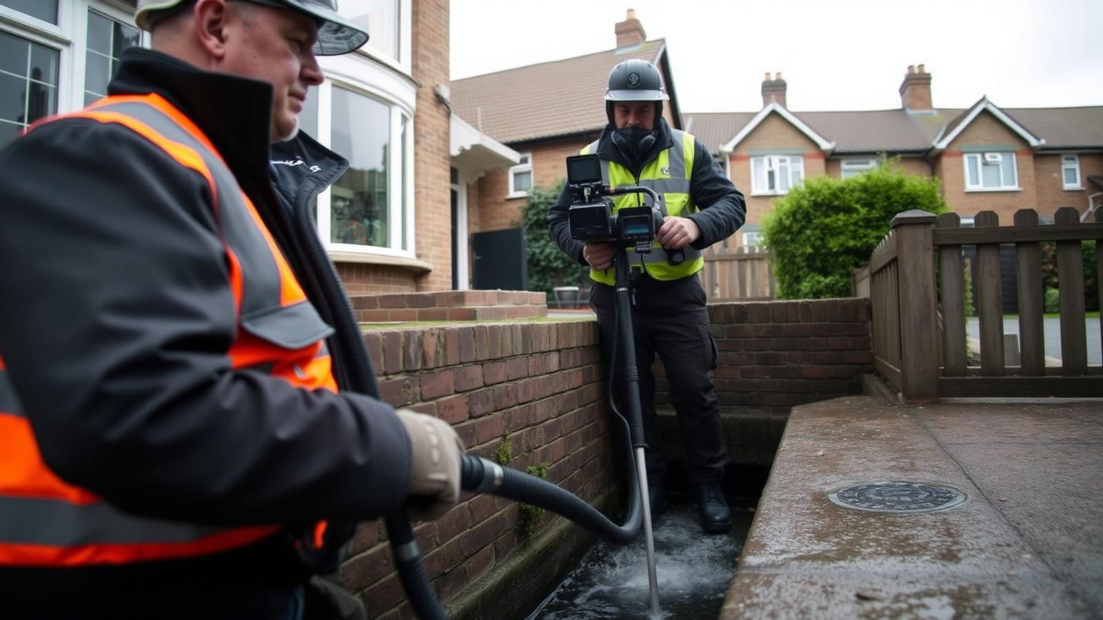 Drainage engineers jetting a blocked outside drain at a terraced house