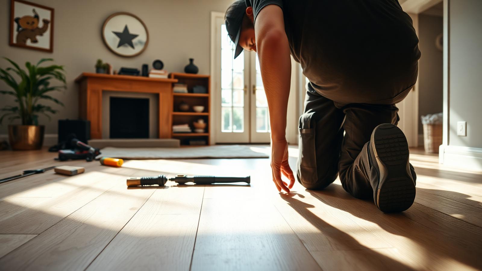 A floor fitter laying engineered wood boards in a living room