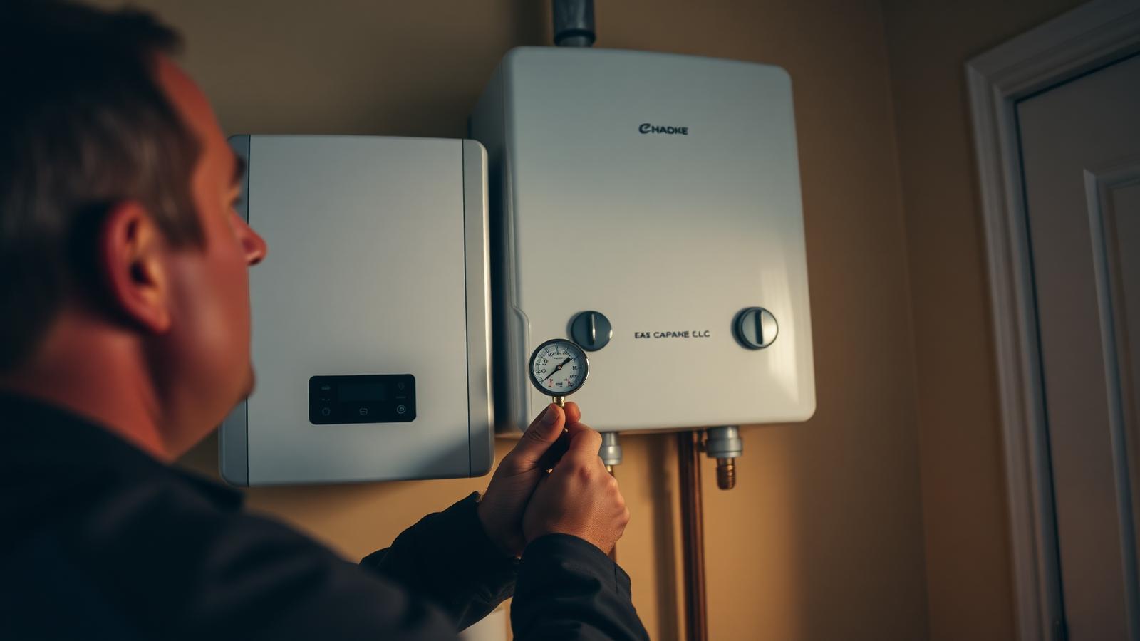 A Gas Safe heating engineer servicing a wall-mounted combi boiler