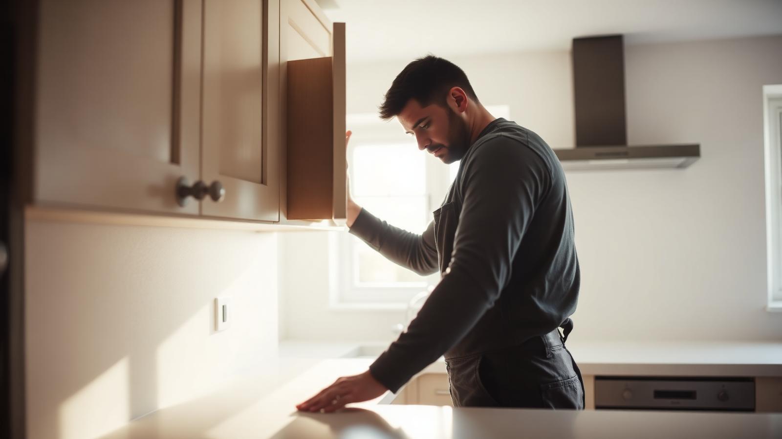 A kitchen fitter levelling a new wall unit during an install