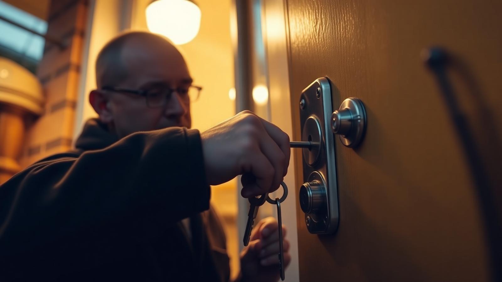 A locksmith fitting a new mortice lock to a front door