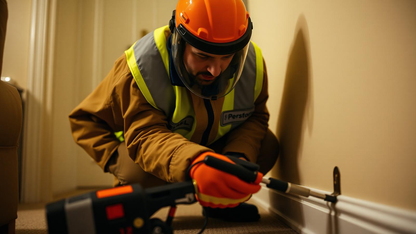 A pest control technician placing a bait station along a skirting board