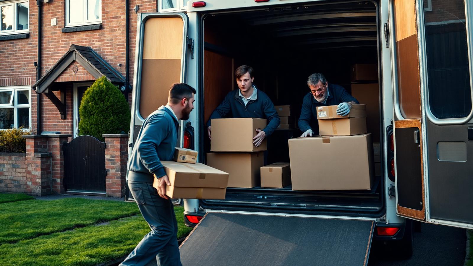 A removals team loading boxes into a van outside a house