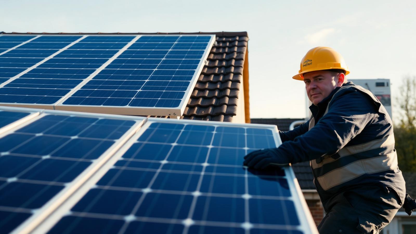 An installer fitting solar panels to a pitched roof on a clear day