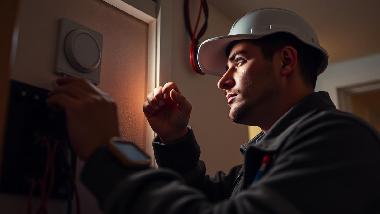 An engineer fitting an alarm control panel inside a home