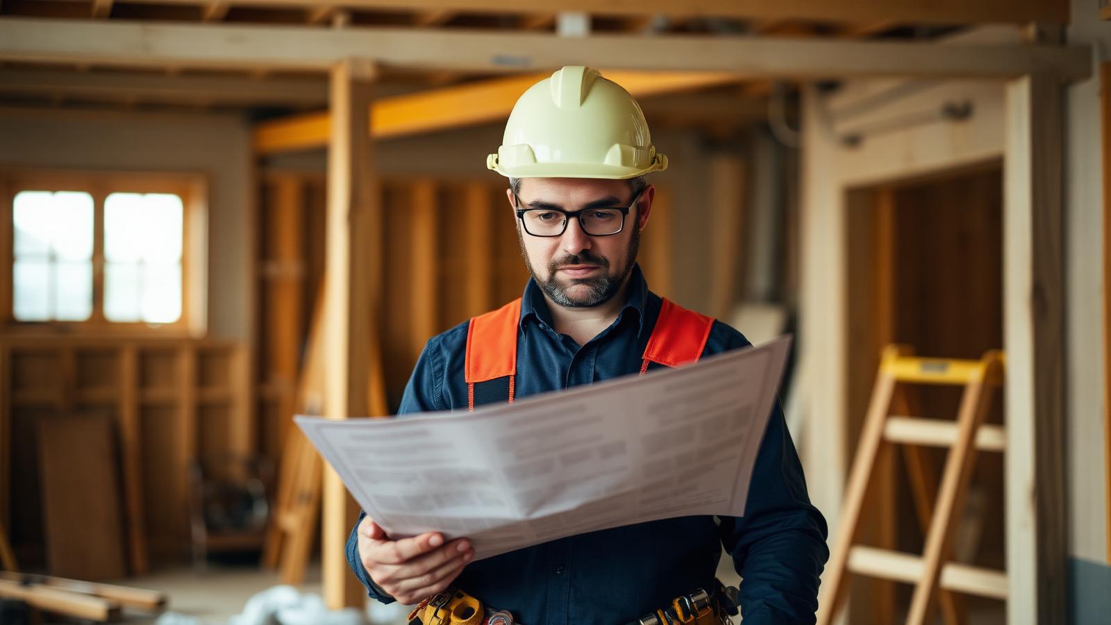 A site specialist reviewing drawings inside a property under renovation