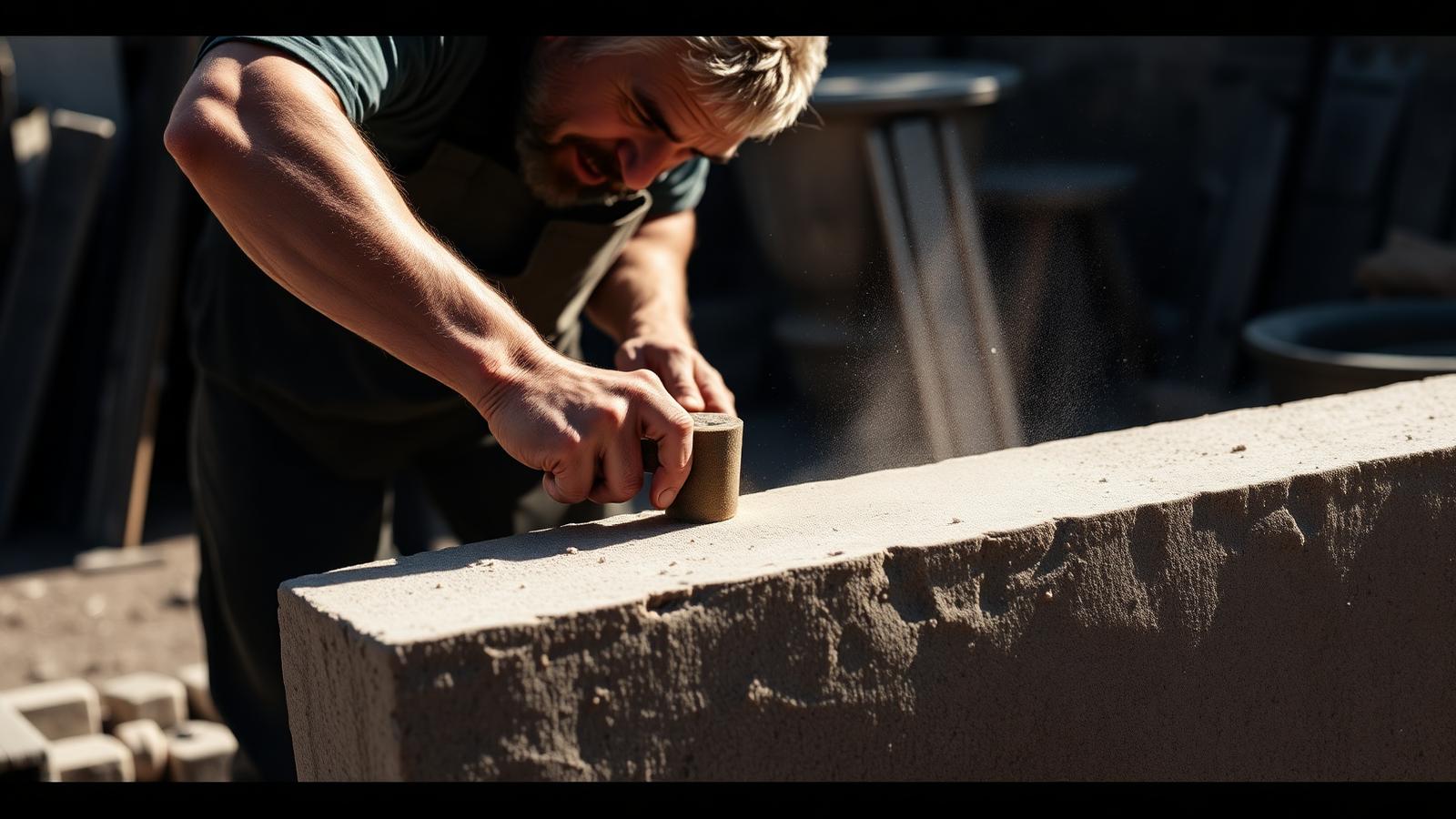 A stonemason dressing the edge of a stone block by hand