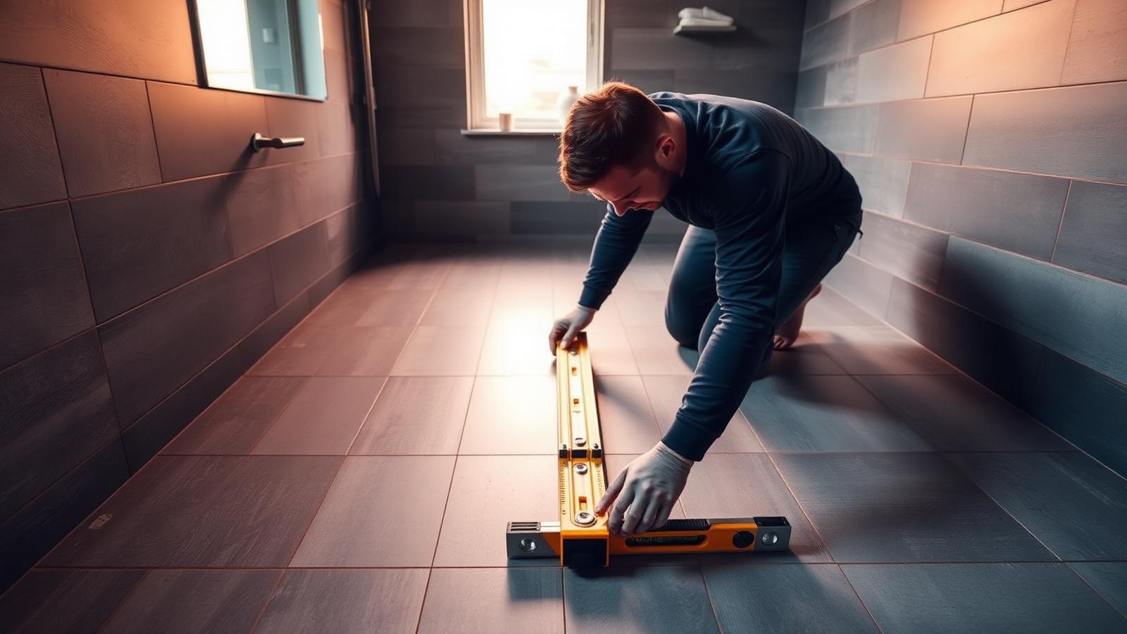 A tiler levelling large format floor tiles in a hallway